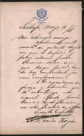 Carta de Juan M. Cafferata a Ovidio Lagos con fecha del 16 de mayo de 1888