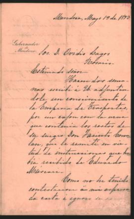 Carta de Pedro Anzorena a Ovidio A. Lagos enviada desde Mendoza el 19 de mayo de 1893