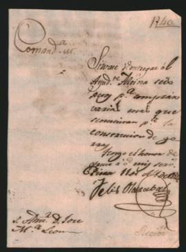 Orden del Comandante Militar del partido de Piura Félix de Olazábal, al Administrador José María ...