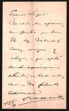 Carta de [Mansilla] a Ovidio Lagos enviada el 23 de noviembre de 1889