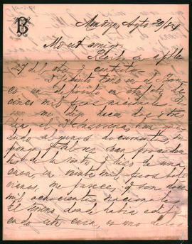 Carta de [I.] Benegas a Ovidio Lagos enviada desde Mendoza el 20 de agosto de 1884