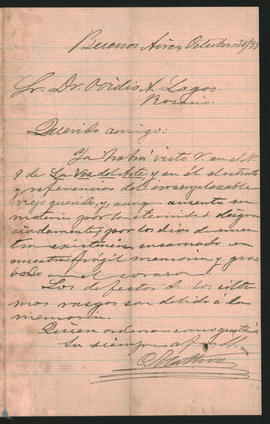 Carta de Carlos Mathon a Ovidio A. Lagos enviada desde Buenos Aires el 30 de octubre de 1893