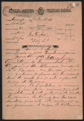 Telegrama de Norberto Quirno Costa a Ramón B. Muñiz el 18 de noviembre de 1894.