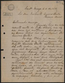 Carta de Adolfo Guerrero a Norberto Quirno Costa del 24 de mayo de 1898.