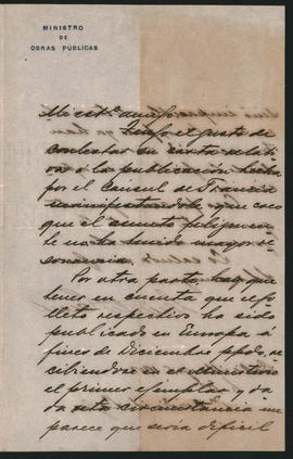 Carta [Emilio Civit] Ministro de Obras Públicas, a Ovidio A. Lagos enviada desde Buenos Aires el ...