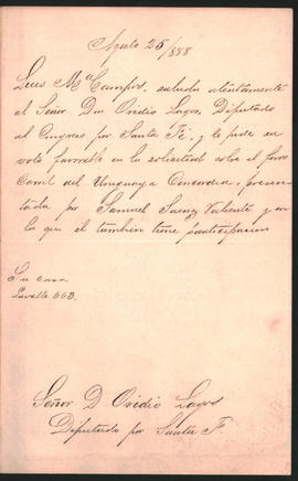 Nota de Luis M. Campos (1838-1907) a Ovidio Lagos (1825-1891) enviada el 25 de agosto de 1888