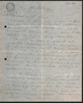 Carta de Julio Argentino Roca a Norberto Quirno Costa el 15 de octubre de 1887.