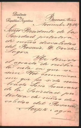 Carta de Julio A. Roca a Ovidio Lagos enviada desde Buenos Aires el 23 de noviembre de 1885