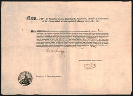 Documento del Rector de la Universidad de Buenos Aires, Doctor Valentín Gómez, otorgando el títul...