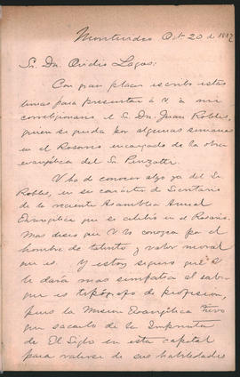 Carta de [T. B. Wood] a Ovidio Lagos enviada desde Montevideo el 20 de octubre de 1882