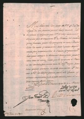 Nota del Gobernador de Buenos Aires, Juan José de Vértiz a Pedro de Tagle