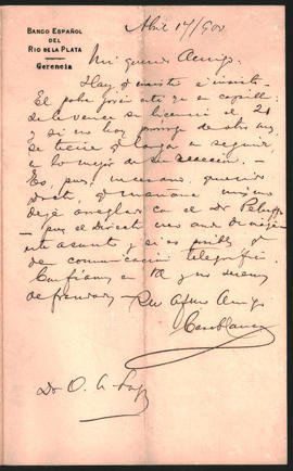 Carta de [Cornelio Casablanca] a Ovidio A. Lagos enviada el 14 de abril de 1900