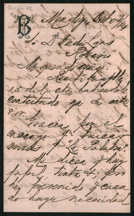 Carta de I. Benegas a Ovidio Lagos (1825-1891) enviada desde Mendoza el 4 de octubre de 1884