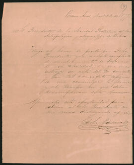 Nota de Carlos Casavalle al Presidente de la Sociedad Protectora del Museo Antropológico y Arqueo­lógico de Buenos Aires, Doctor Juan María Gutiérrez,