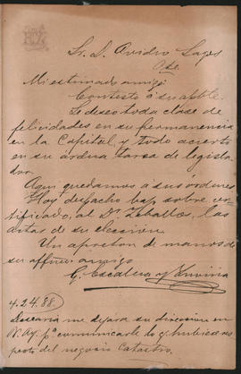 Carta de G. Ca[...] y Zuviría a Ovidio Lagos con fecha del 4 de abril de 1888