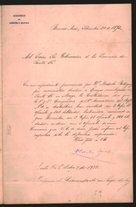 Nota del Ministro de Guerra y Marina, Doctor Uladislao Frías, al Gobernador de la provincia de San­ta Fe