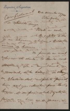 Carta (confidencial) de Manuel Gorostiaga a Ovidio A. Lagos enviada desde Petrópolis el 27 de dic...