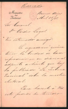 Carta de Bernardo de Irigoyen a Ovidio Lagos enviada el 28 de abril de 1885