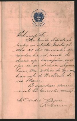 Carta de Marco [Aurelio] Avellaneda a Ovidio A. Lagos enviada desde Buenos Aires el 31 de octubre...