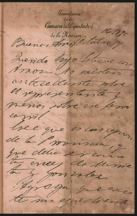 Carta de Ovidio Lagos a Ovidio Amadeo Lagos, enviada desde Buenos Aires en octubre de 1890