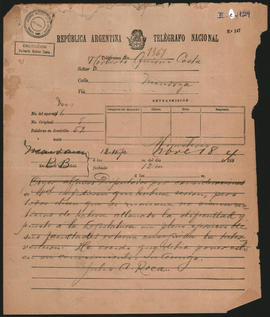 Telegrama de Julio Argentino Roca a Norberto Quirno Costa el 18 de noviembre de 1894.