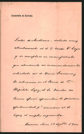 Carta de Julio [distrellan] a Ovidio A. Lagos enviada desde Buenos Aires el 19 de septiembre de 1900