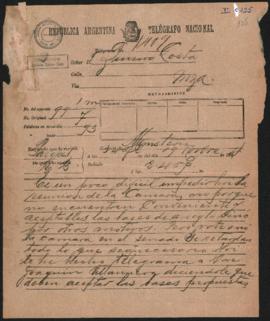 Telegrama de Julio Argentino Roca a Norberto Quirno Costa el 19 de noviembre de 1894.