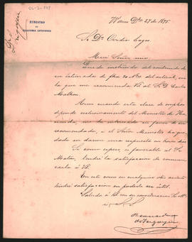 Carta de Bernardo de Yrigoyen a Ovidio A. Lagos enviada desde Buenos Aires el 27 de diciembre de ...