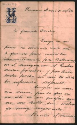 Carta de [...] a Ovidio A. Lagos (1854-1916) enviada desde Paraná el 10 de marzo de 1892