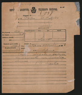 Telegrama de B. Lastra a Ovidio A. Lagos enviado el 23 de agosto de 1894.