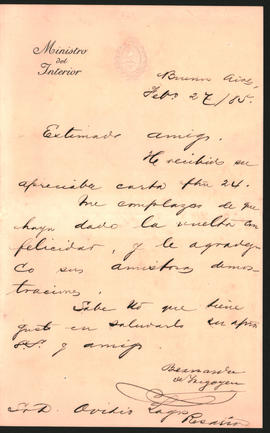Carta de Bernardo de Irigoyen a Ovidio Lagos enviada desde Buenos Aires el 27 de febrero de 1885