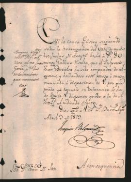 Solicitud del Alcalde de 1er. voto Joaquín Belgrano al Juez Francisco de Sar
