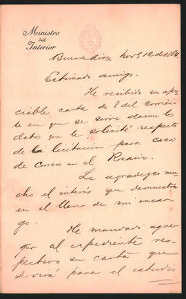 Carta de Bernardo de Irigoyen a Ovidio Lagos enviada desde Buenos Aires el 12 de noviembre de 1884