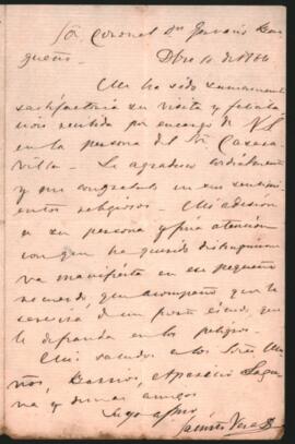 Carta de Monseñor Jacinto Vera y Durán al Coronel Gervasio Burgueño, agradeciendo saludos y aten­ ción con que lo distinguió,