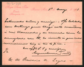 Nota de Roque Sáenz Peña a Ovidio A. Lagosenviada desde Buenos Aires el 1° de marzo de 1901