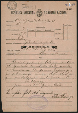 Telegrama de Norberto Quirno Costa a Julio Argentino Roca el 19 de noviembre de 1894.