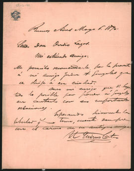 Carta de N[orberto] Quirno Costa a Ovidio Lagos enviada desde Buenos Aires en 1870