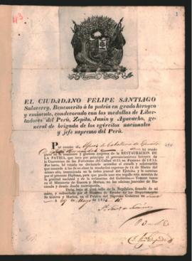 Diploma del Alférez Francisco Hernández, condecorado con escudo y sobresueldo por el pronunciamie...