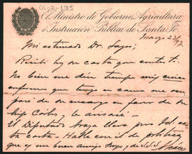 Carta de C. [J. J. cacerl] Ministro de Gobierno, Agricultura e Instrucción Pública de Santa Fe, a...