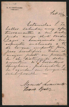Carta de Estanislao S. Zeballos a Ovidio Lagos enviada el 11 de septiembre de 1890