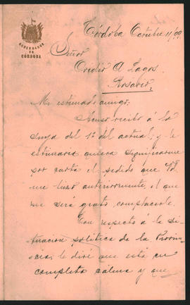 Carta de Donaciano del Campillo a Ovidio A. Lagos enviada desde Córdoba el 11 de octubre de 1899