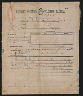 Telegrama de [Palcacer] a Ovidio A. Lagos enviado el 9 de junio de 1894