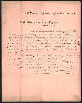 Carta de Manuel Bilbao a Ovidio Lagos enviada desde Buenos Aires el 8 de agosto de 1872