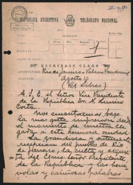 Telegrama de Julio Argentino Roca a Norberto Quirno Costa del 10 de agosto de 1899.
