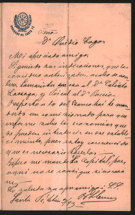 Carta de B. [Lleren] a Ovidio A. Lagos enviada desde Santa Fé en [julio] de 1893