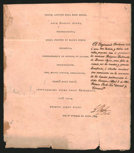Dedicatoria firmada por el Teniente Co­ronel y Comandante del Regimiento Británico N° 71 Federico...