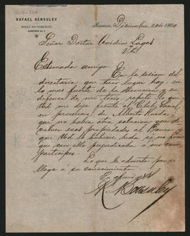 Carta de Rafael Bensuley a Ovidio A. Lagos enviada desde Rosario el 20 de diciembre de 1900