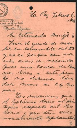 Carta de Julio Argentino Roca a [se presume] Norberto Quirno Costa del 6 de febrero de 1900.