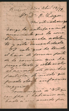 Carta de W[enceslao] Escalante a Ovidio Lagos enviada el 18 de abril de 1879