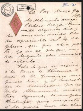 Carta de Julio Argentino Roca a [se presume] Norberto Quirno costa el 9 de marzo de 1896.